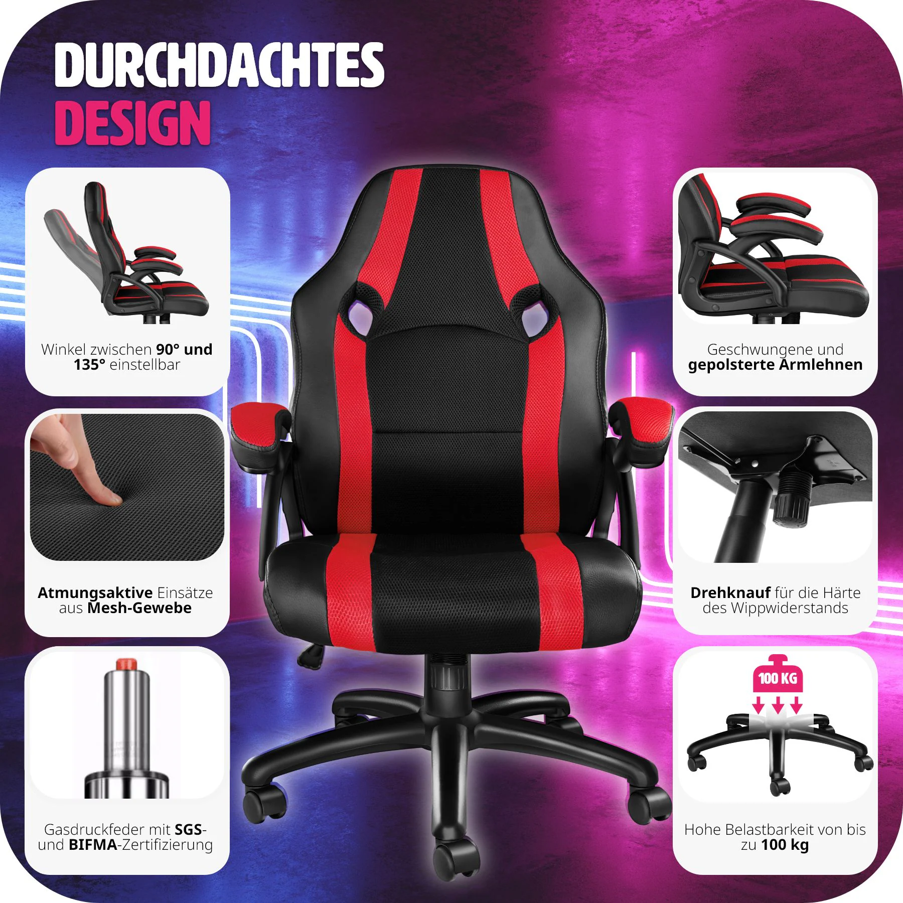 tectake® Bürostuhl, ergonomische Form, Kunstlederbezug mit Mesh-Gewebe, stufenlos höhenverstellbar