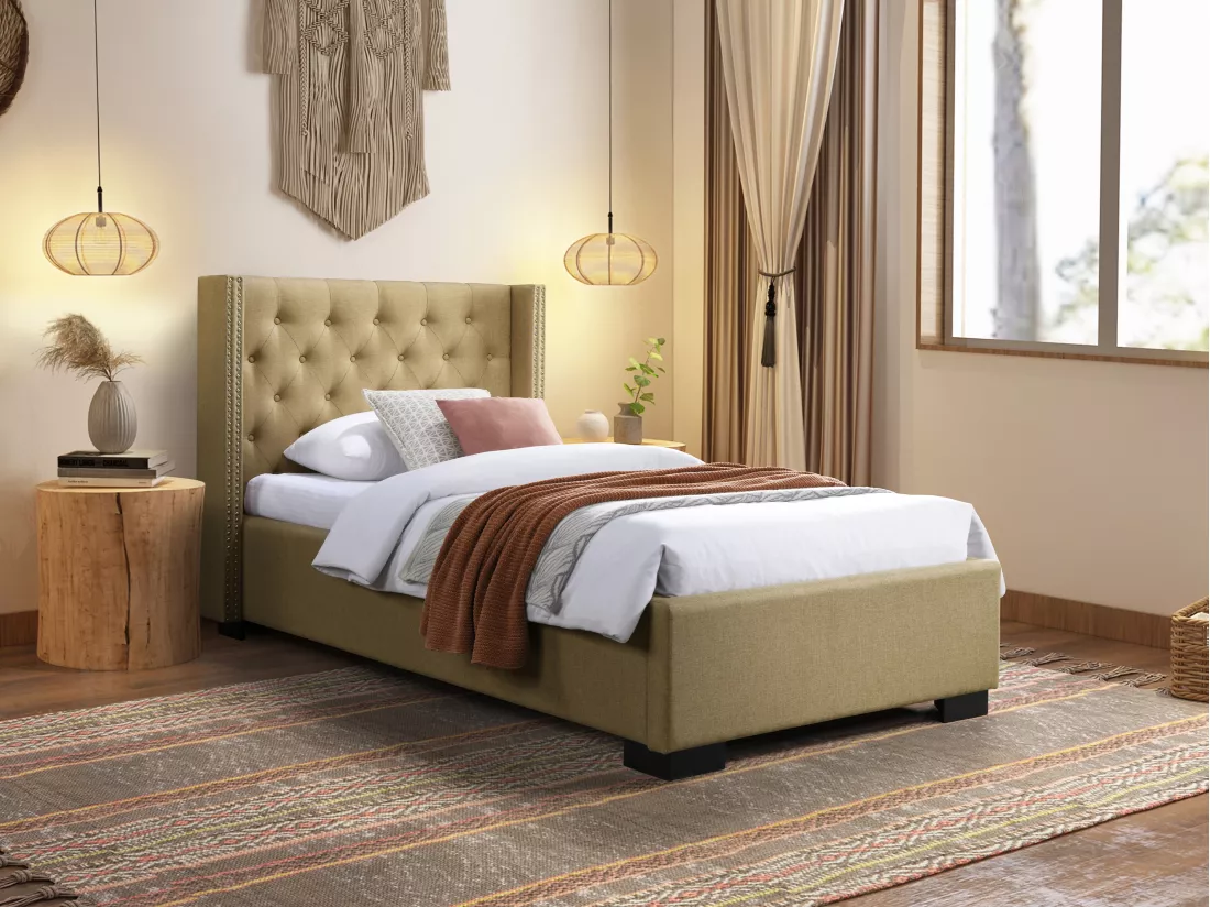 Lit 90 x 200 cm avec tête de lit capitonnée - Tissu - Beige + Matelas - MASSIMO II