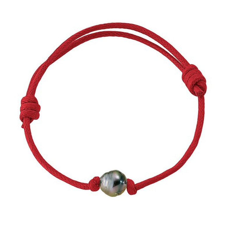 Bracelet Ajustable Homme Femme Perle de Tahiti et Coton Ciré Rouge