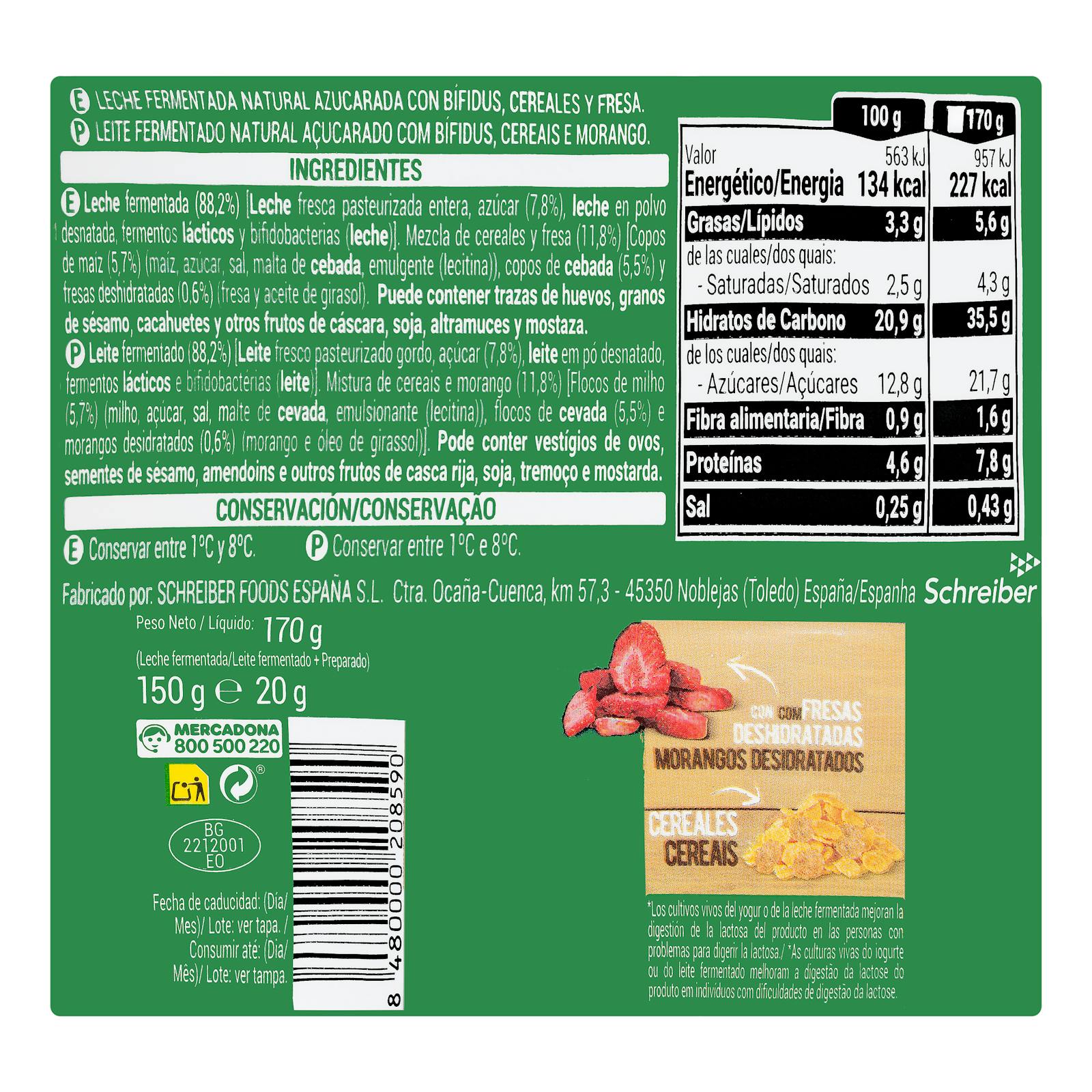 Bifidus sucré probiotique naturel Hacendado avec céréales et fraises déshydratées
