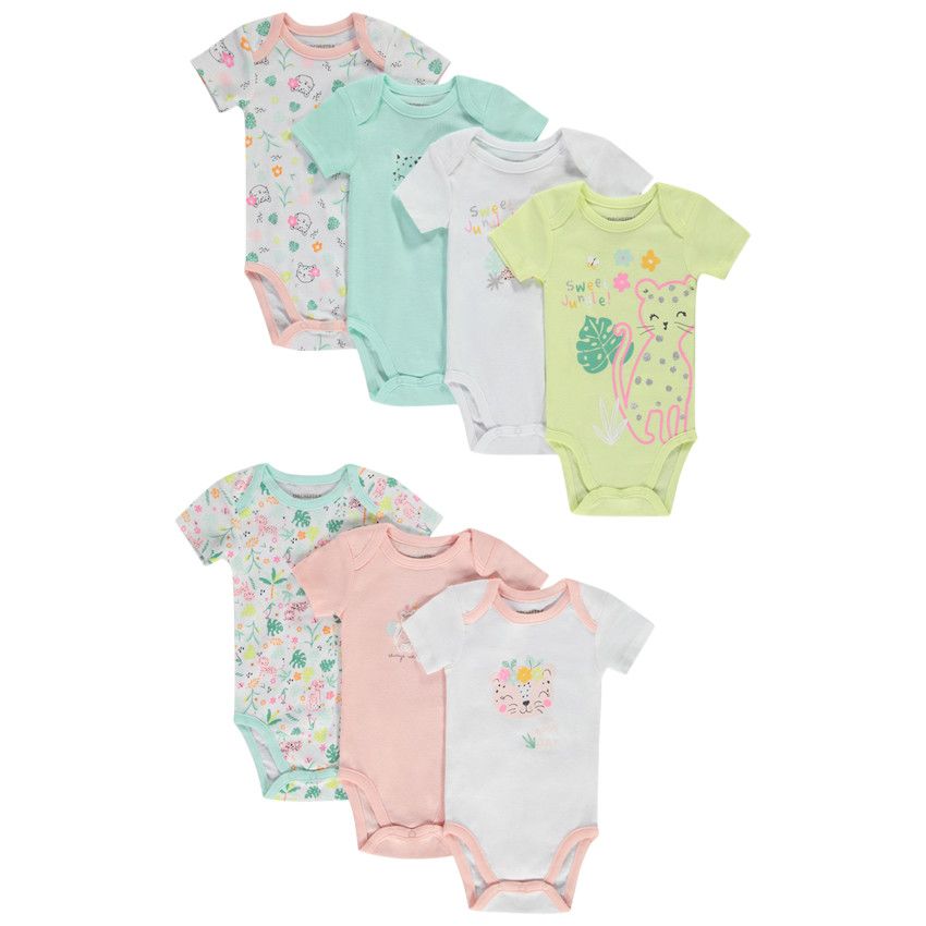 Lot de 7 bodies manches courtes motifs félin pour bébé fille - Blanc