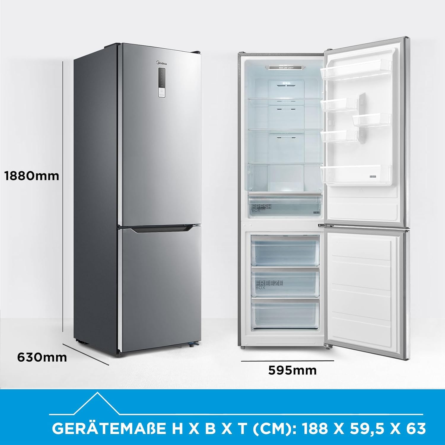 Midea MDRB424FGE02OA Kühl-/Gefrierkombination/188 cm Höhe/NoFrost/LED-Beleuchtung/Hochwertiger GMCC-Kompressor/Elektronische Steuerung/Zuverlässige Gefrierleistung/235 kWh/Jahr/224L Kühlteil