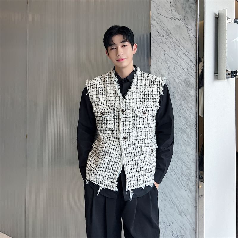 Omozando - Tweed vest met kwastjes en knoopjes