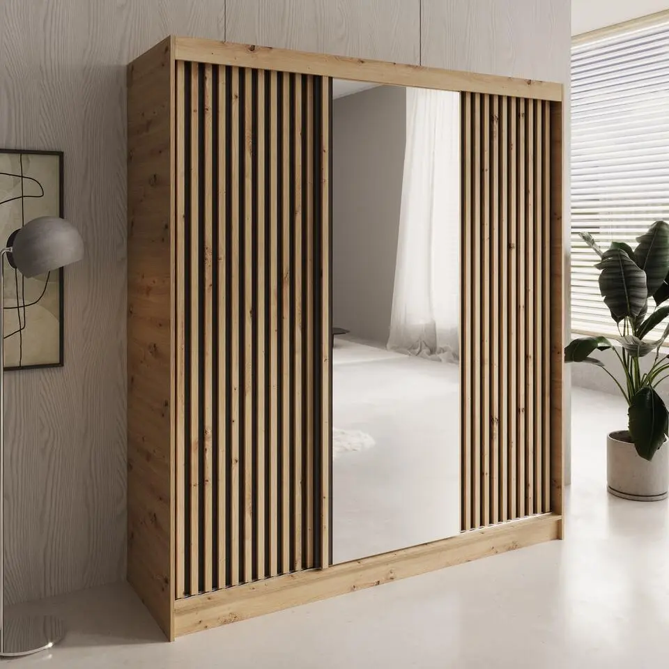 Meubella - Elles - Kledingkast met 3 schuifdeuren - Eiken - 180x60x204 cm