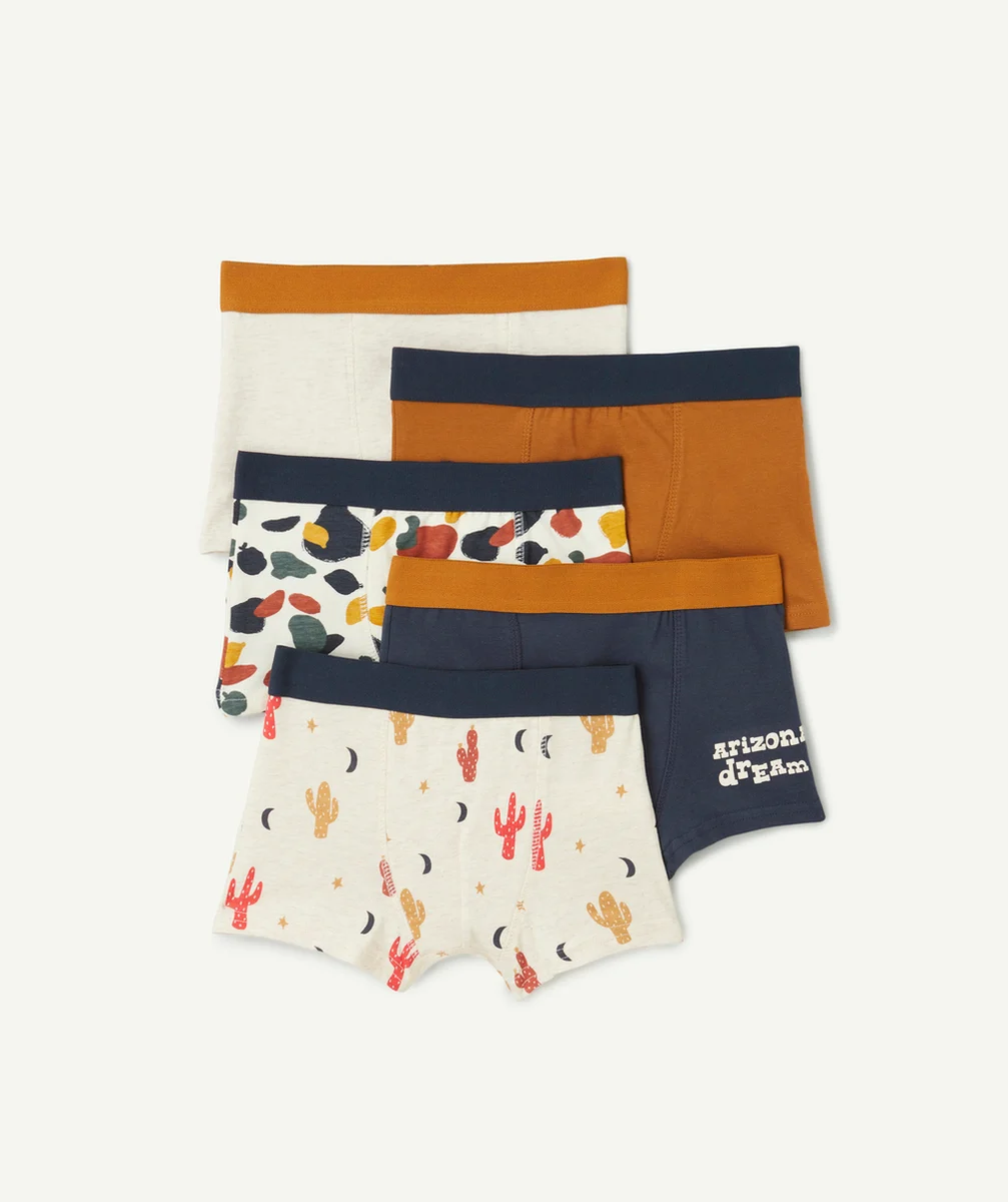 LOT DE 5 BOXERS GARÇON EN COTON BIO ÉCRU CHINÉ BLEU ET MARRON