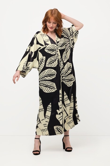 Midikleid, Palmen, Drapierung, V-Ausschnitt, Halbarm