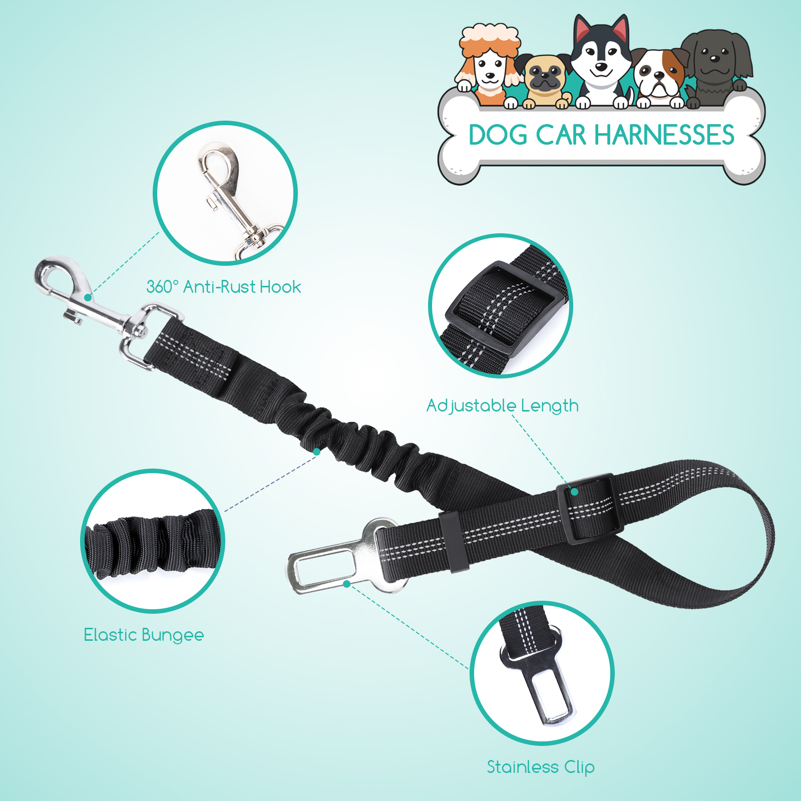 Nobleza - Cinto de Segurança Automotiva para Cães, Arnês para Cães com Mosquetão Elástico e Resistente, Cinto de Segurança Automotiva Universal Ajustável em Nylon para Cães, Pacote com 2 unidades, 50-70cm, Preto