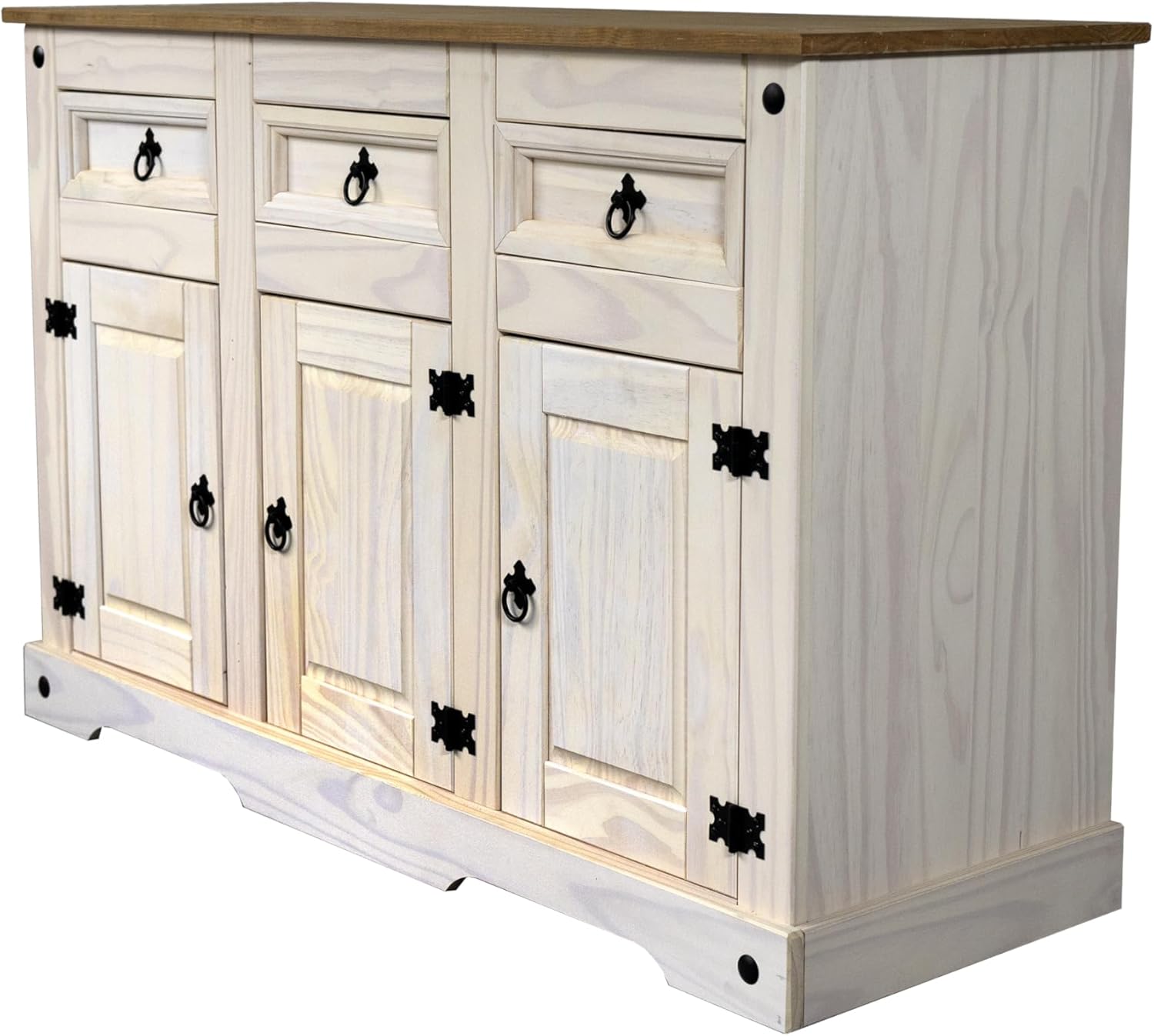SAM Sideboard Cancun, Pinienholz massiv, weiß lasiert, Kommode mit 3 Türen & 3 Schubladen, Schwarze Metallgriffe, honigfarbene Deckplatte