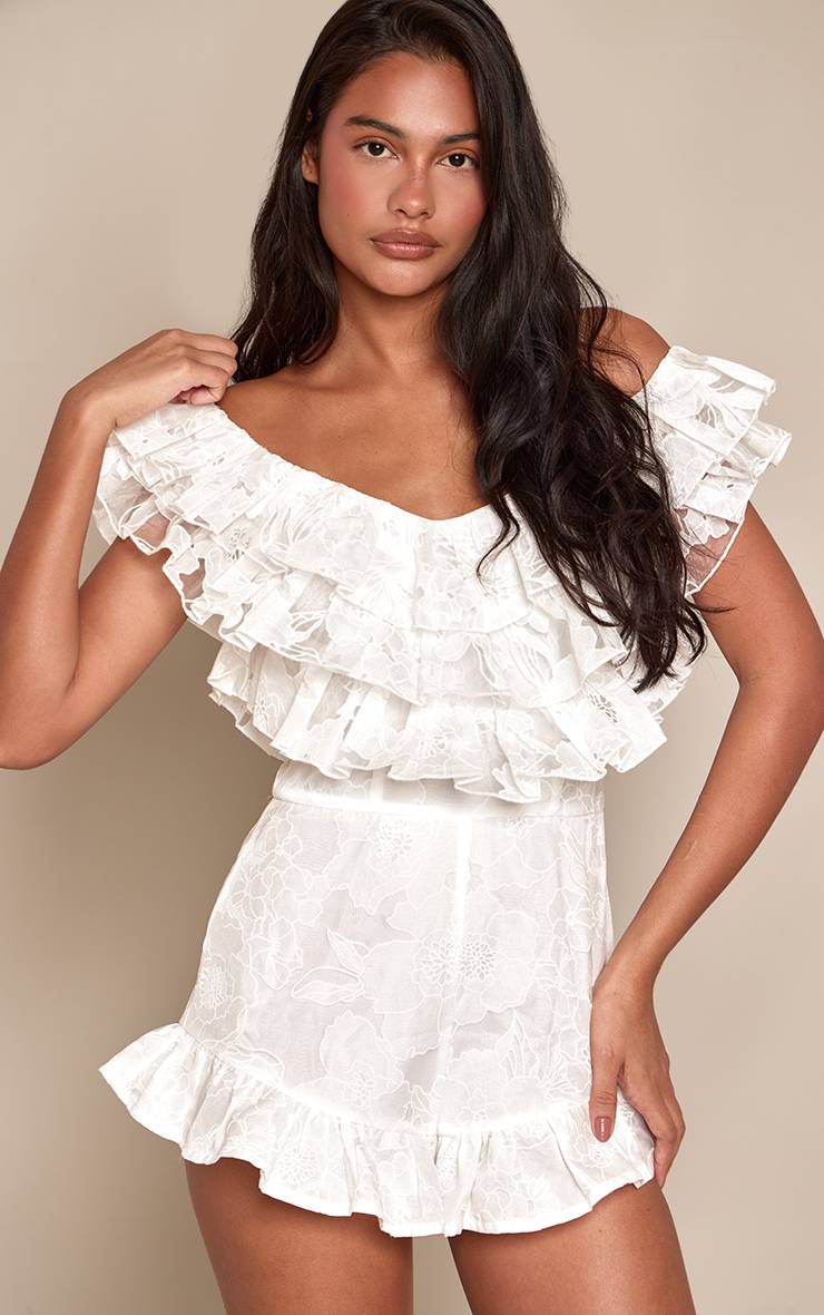 Blanc Combi-short Bardot À Volants En Dentelle Florale