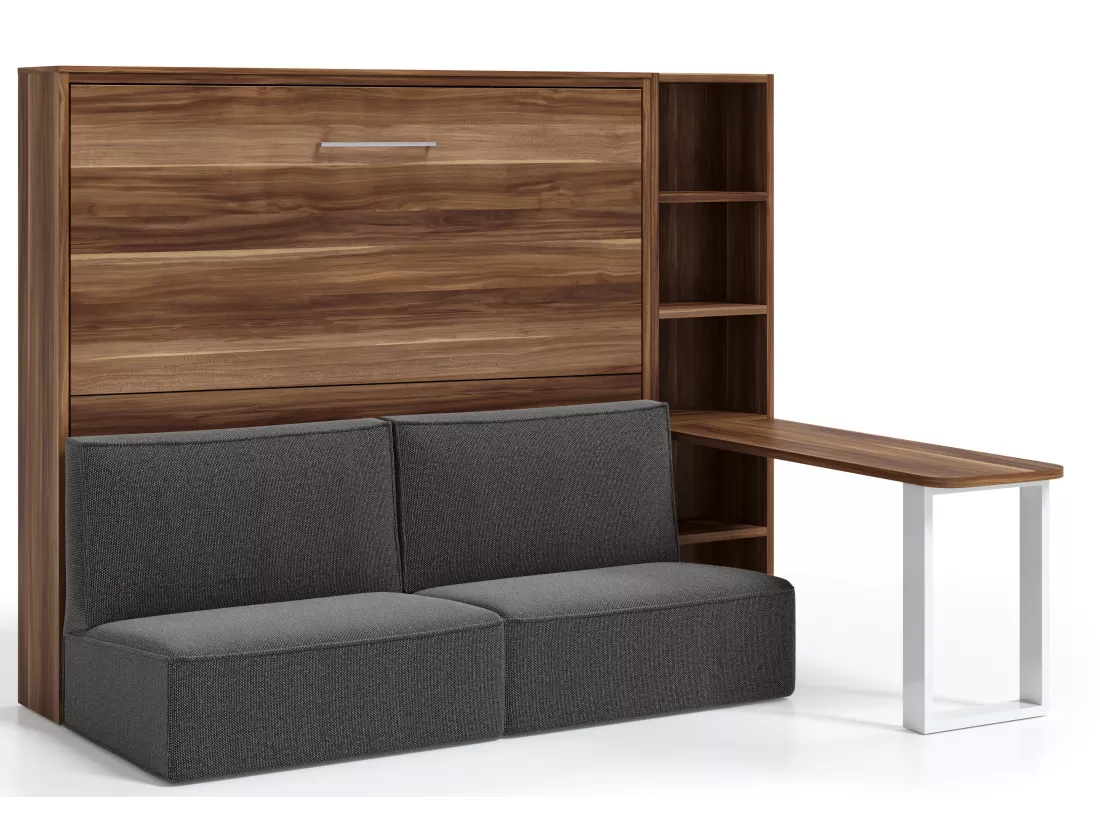 Lit escamotable 160x200 canapé etagere bureau Prolok-Avec matelas-Canapé Gris clair-Structure et Façade Gris ciment