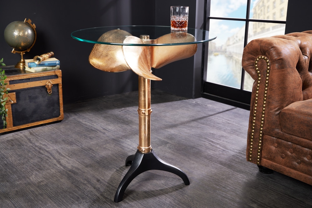 riess-ambiente Beistelltisch OCEAN - Handgefertigter Beistelltisch 75cm gold schwarz Glasplatte Metall maritim rund