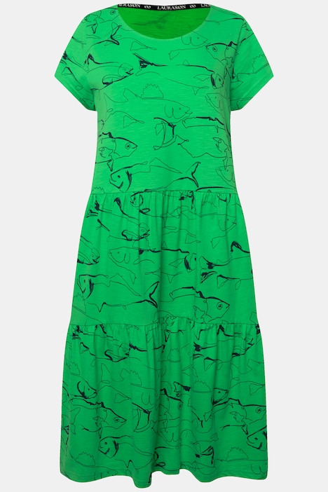 Jerseykleid, A-Line, Fische-Print, Rundhals, Volants, Halbarm