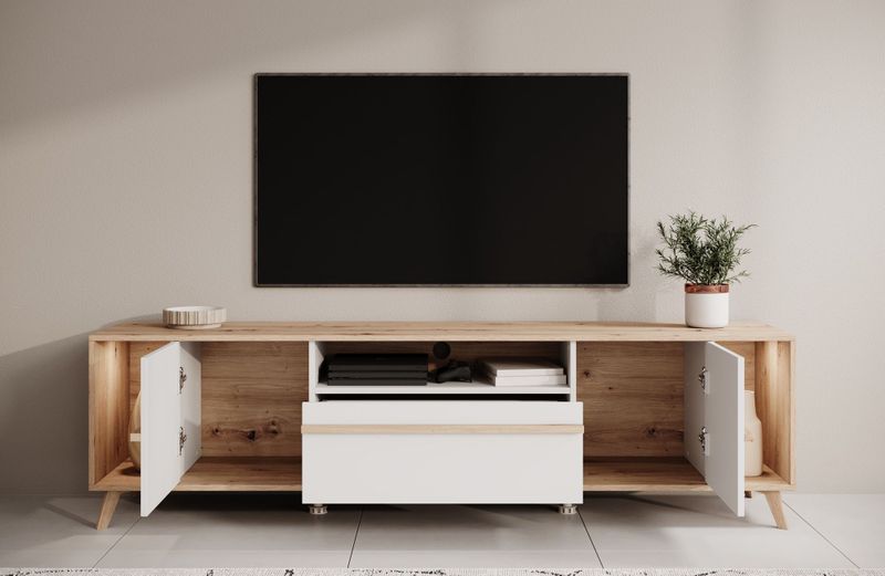 Meubella - TV-Meubel Oswald - Wit - 189 cm - Inclusief LED-verlichting