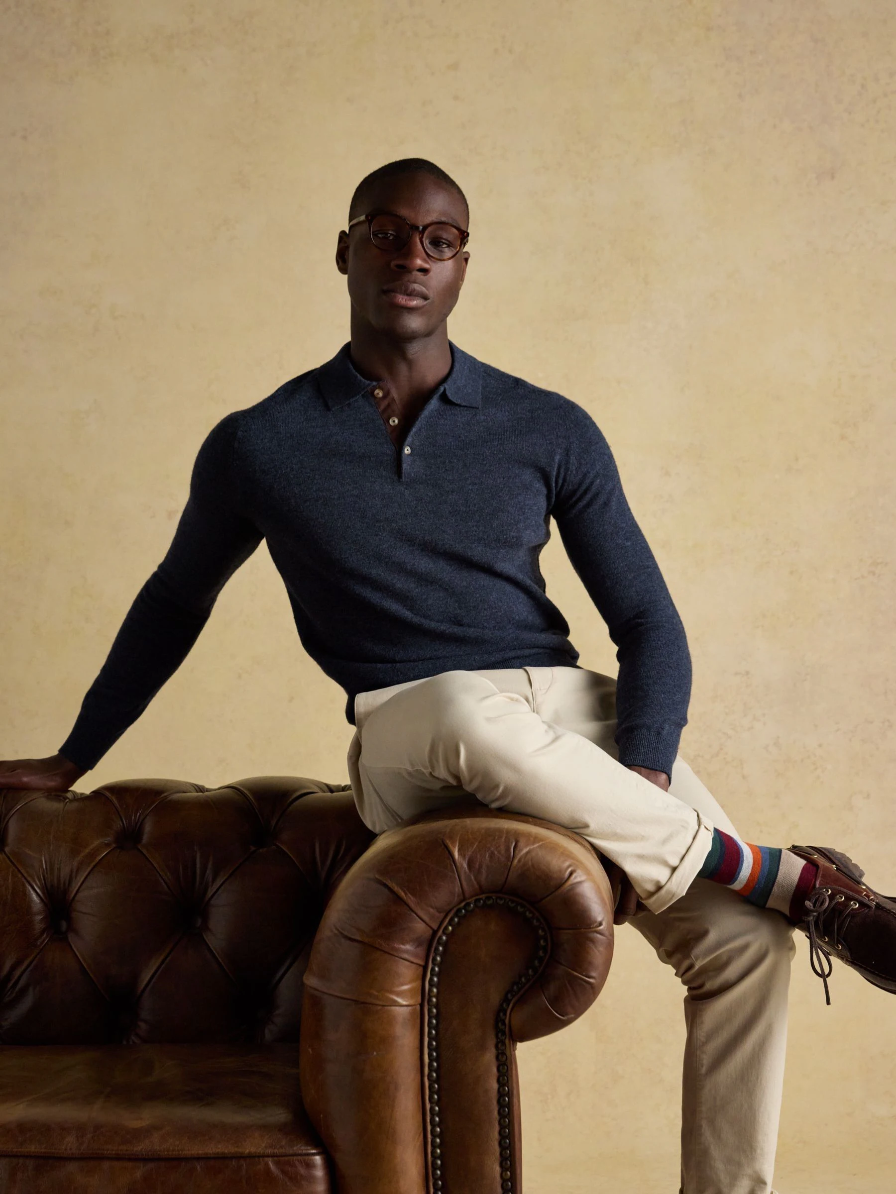 Marineblauw - Joules Sampson Wool-Rich Long Sleeve Knitted Polo Shirt