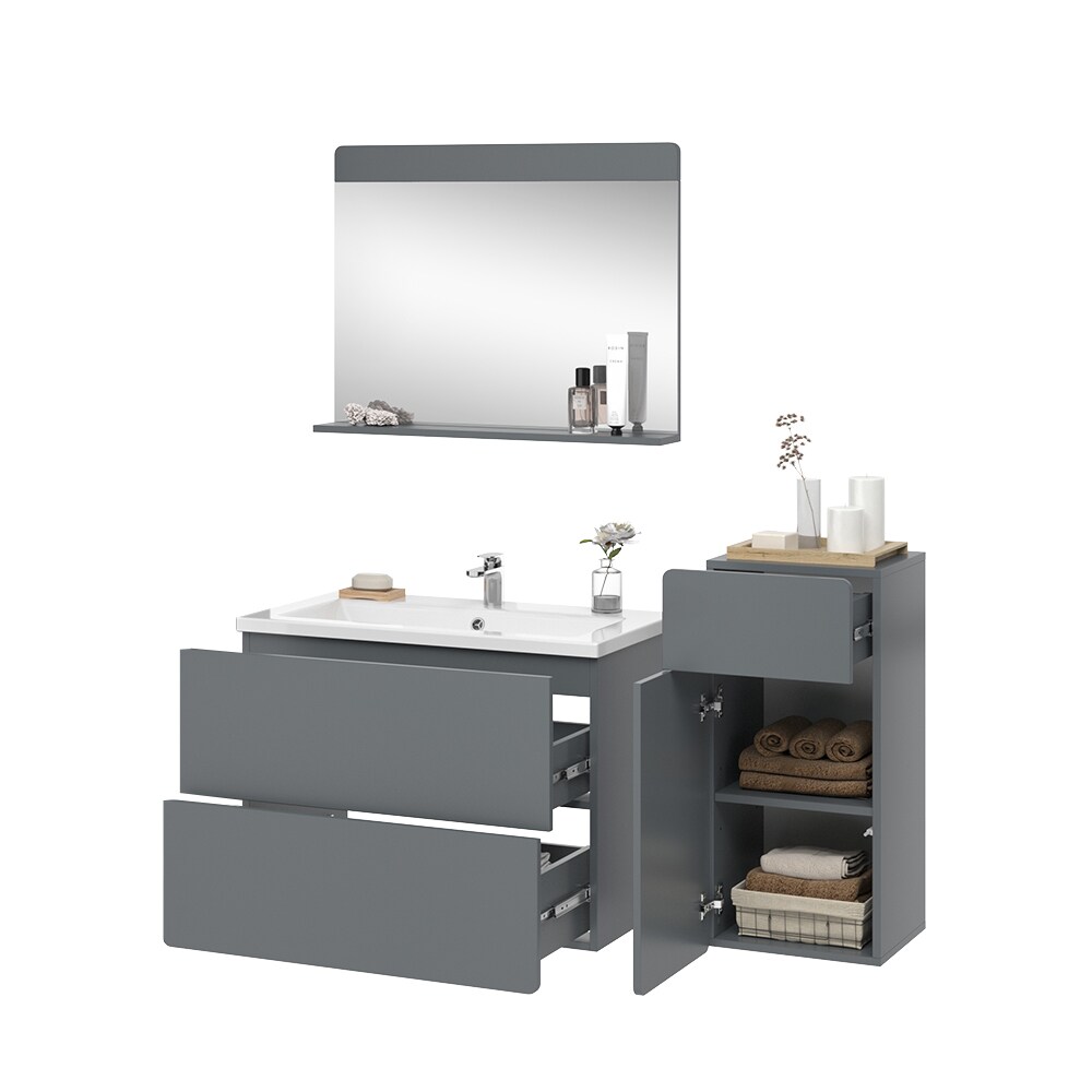 Vicco Badmöbel-Set Izan Grau modern Waschtischunterschrank Waschbecken Badspiegel Midischrank