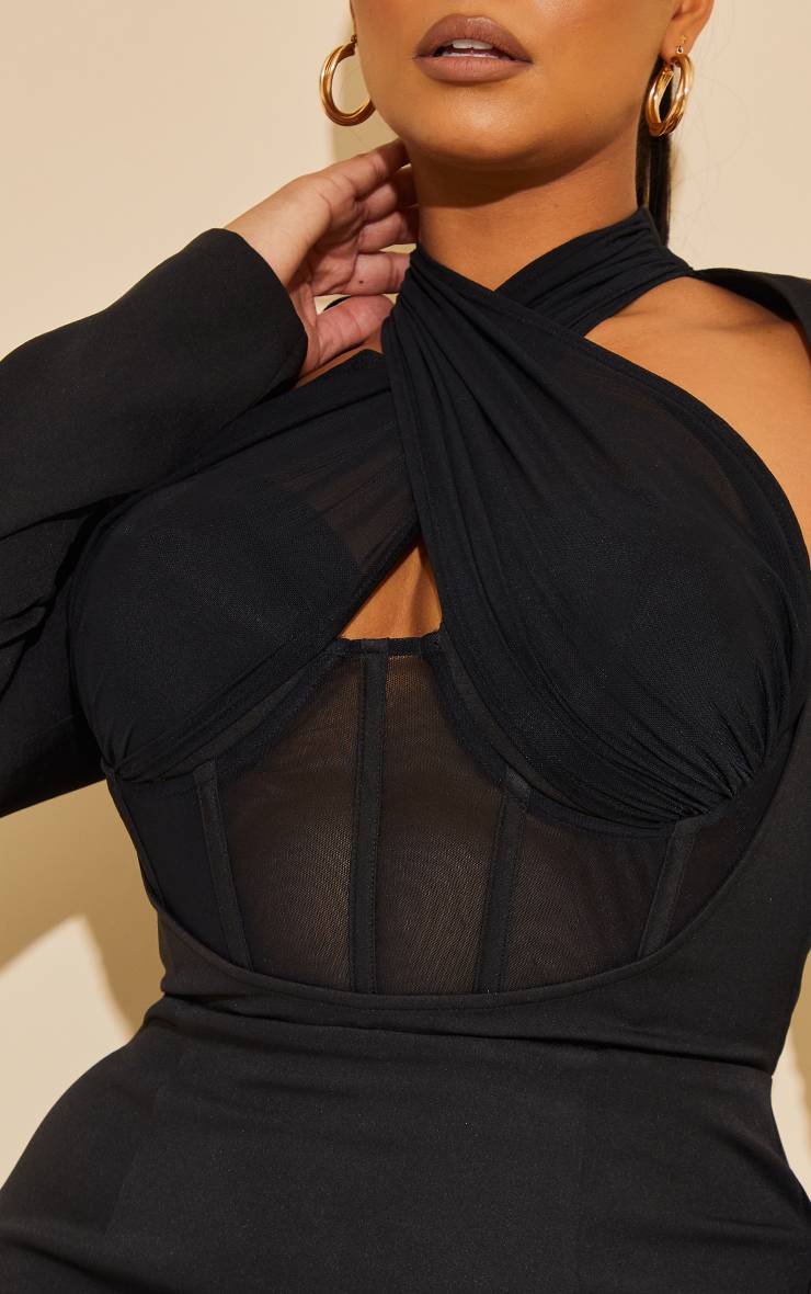 Noir Robe Moulante Grande Taille À Corset Et Détail Croisé Devant