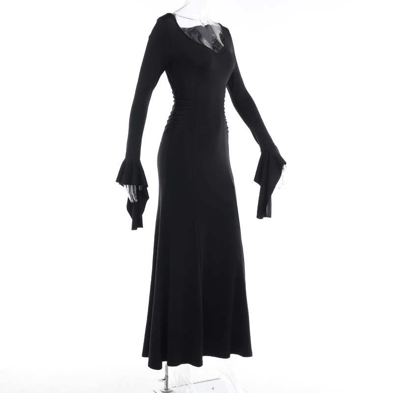 (160cm) Fasnachts Erwachsenen Kostüm Bodenlanges Vampir Kleid Morticia Addams Verkleidung für Motto Partys / Halloween - Schwarz