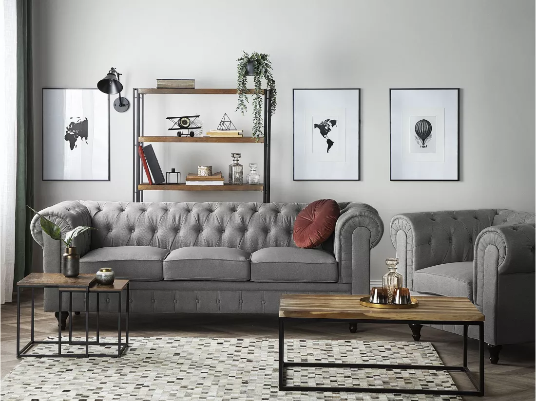 Ensemble canapé et fauteuil en tissu gris 4 placesCHESTERFIELD Big