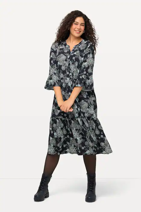 Midikleid, Volants, A-Linie, Tunika-Ausschnitt, 3/4-Arm, marine