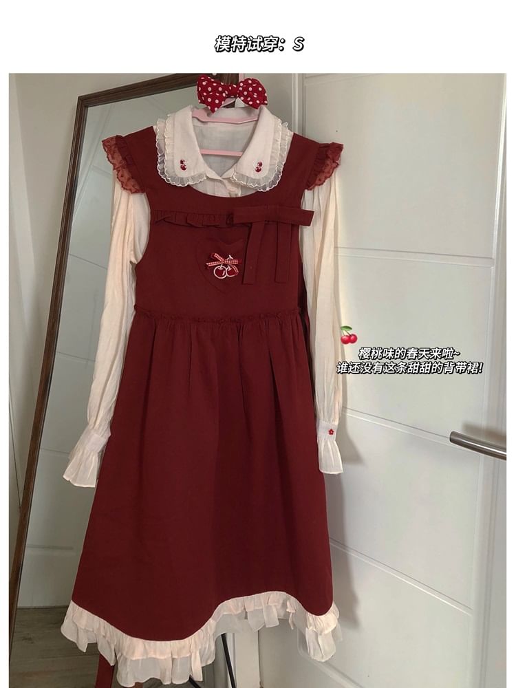 Autuna - Kersen geborduurd shirt / Midi-jurk / Set