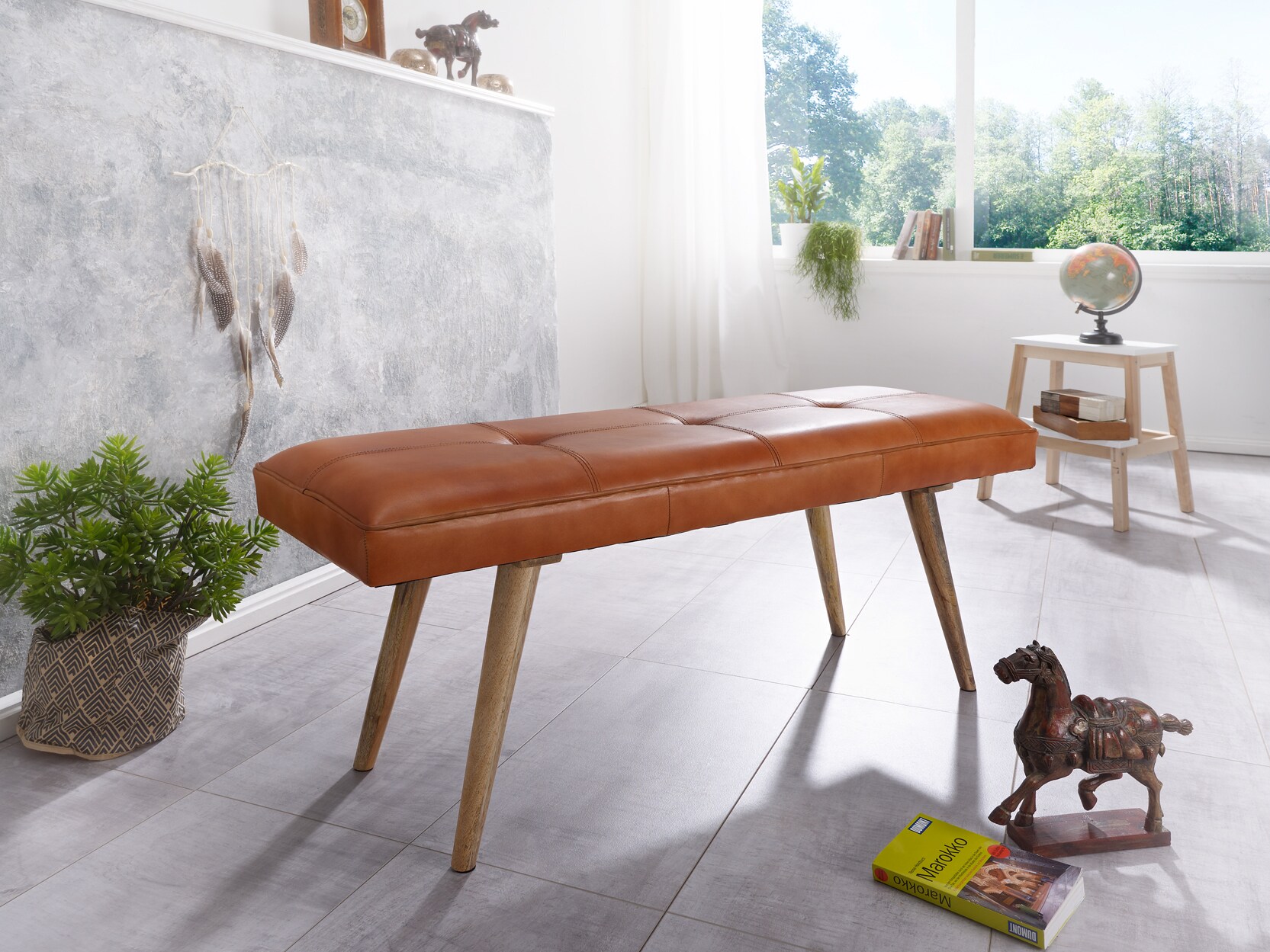 KADIMA DESIGN Retro-Sitzbank aus Ziegenleder und massivem Holz, stabil, 200 kg Belastbarkeit
