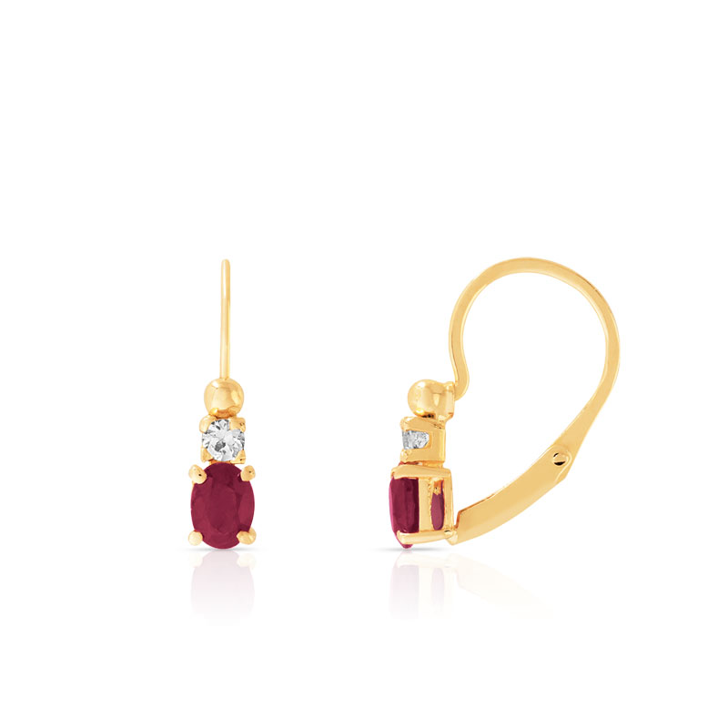 Boucles d'oreilles or 750 jaune brisures rubis ovale et zirconias