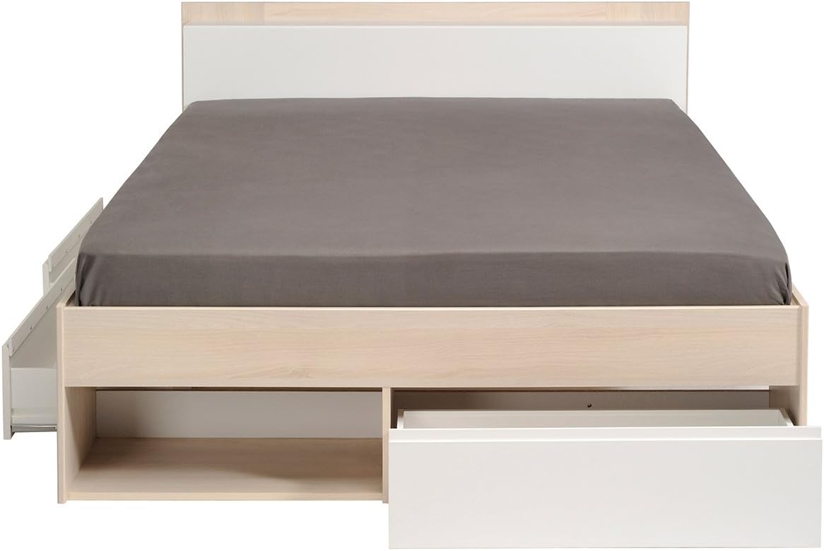 Parisot 1530L240 Bett Cuba, Spanplatten, Weiß/Akazie hell, 150 x 220 x 79,5 cm