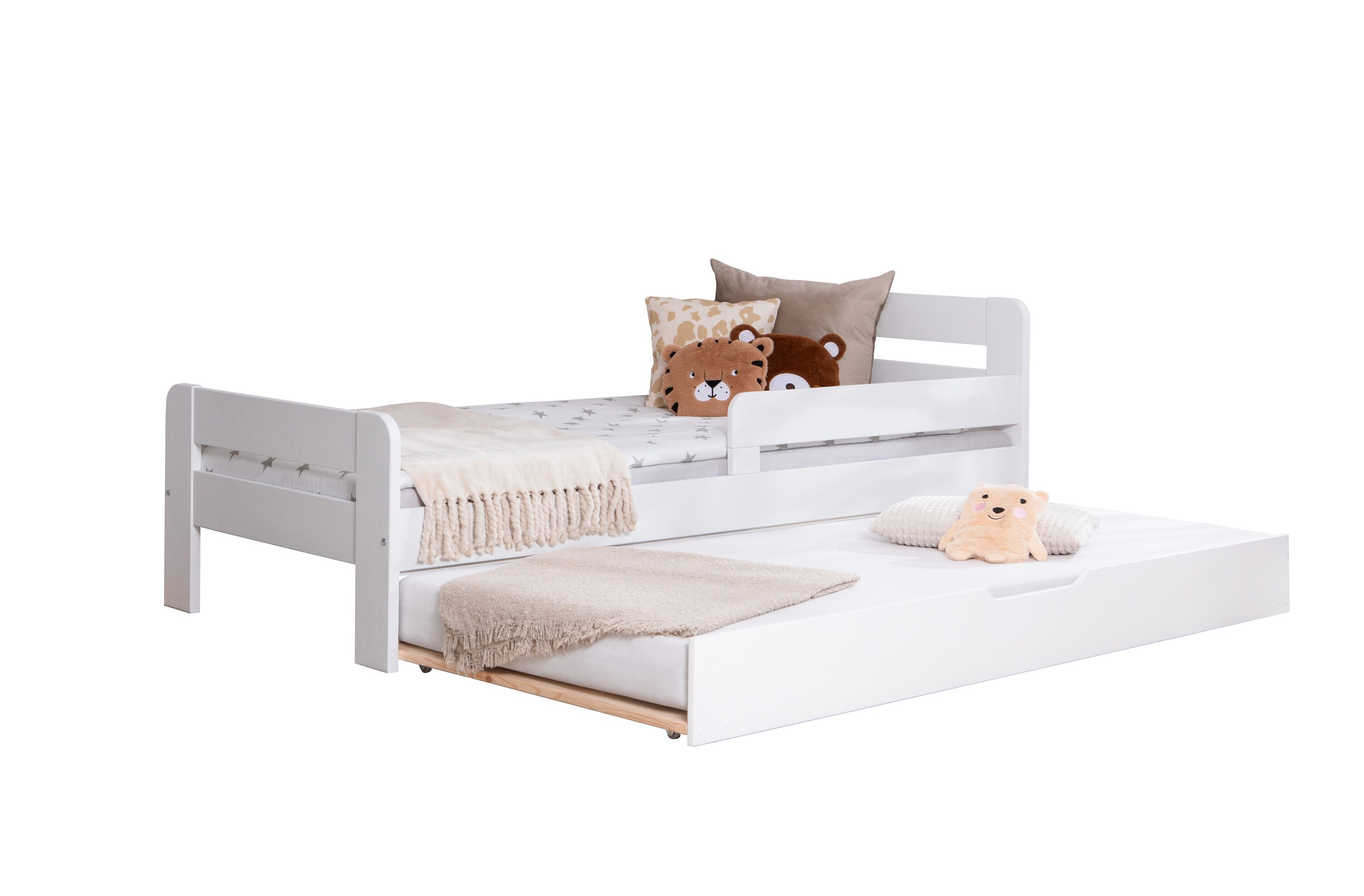 TiCAA Einzelbett Kinderbett Jugendbett, Bennet mit Zusatzbett Rausfallschutz & Lattenrost für Schlafzimmer, Kinderzimmer Kiefer Massivholz Bettgestell 90 x 200 cm