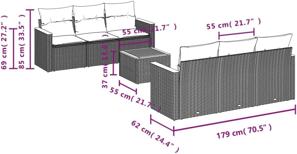 Gartenmöbel-Set 7-teilig mit grauen Kissen aus Polyrattan Terrassenmöbel Set für den Außenbereich geeignet für Hof und Terrasse