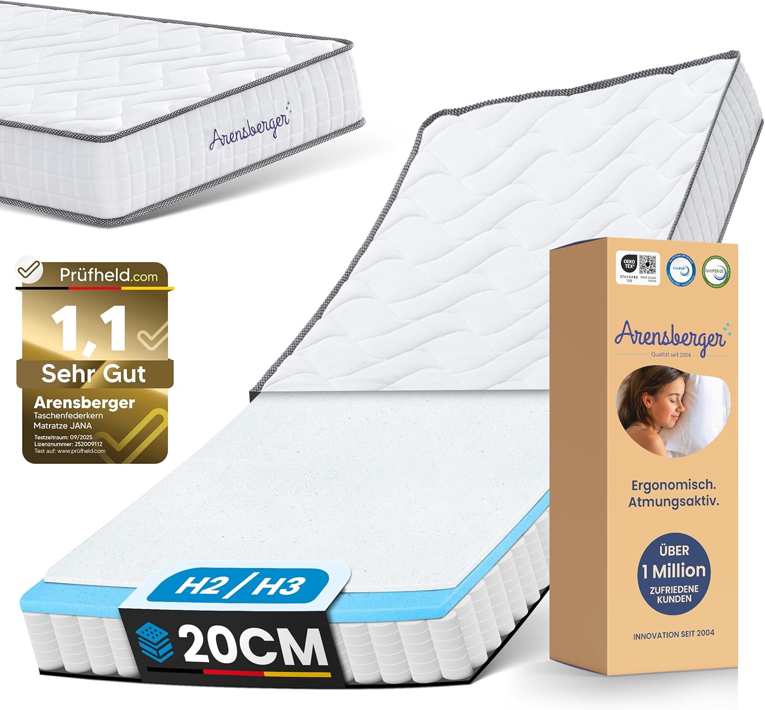 Arensberger JANA Matratze 140x200 cm | Taschenfederkernmatratze 20 cm mit 2 cm NANOCELL® Gelschaum | 7-Zonen Härtegrad H3 | Federkernmatratze punktelastisch, Rollmatratze | Öko-Tex Zertifiziert