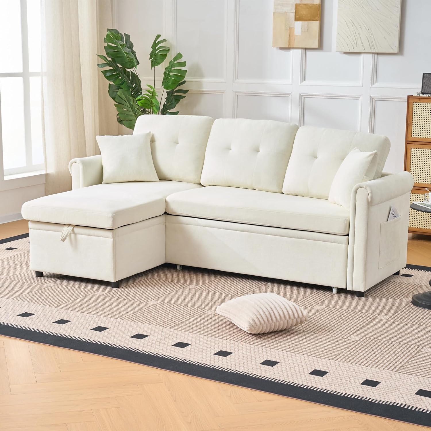 Merax Sofa Ecksofa mit Schlaffunktion, Praktisches Schlafsofa mit Bettkasten, L-Form Schlafcouch mit Stauraum&Seitentaschen, Links und Rechts austauschbar, Chenille, für Wohnzimmer/Schlafzimmer, Beige