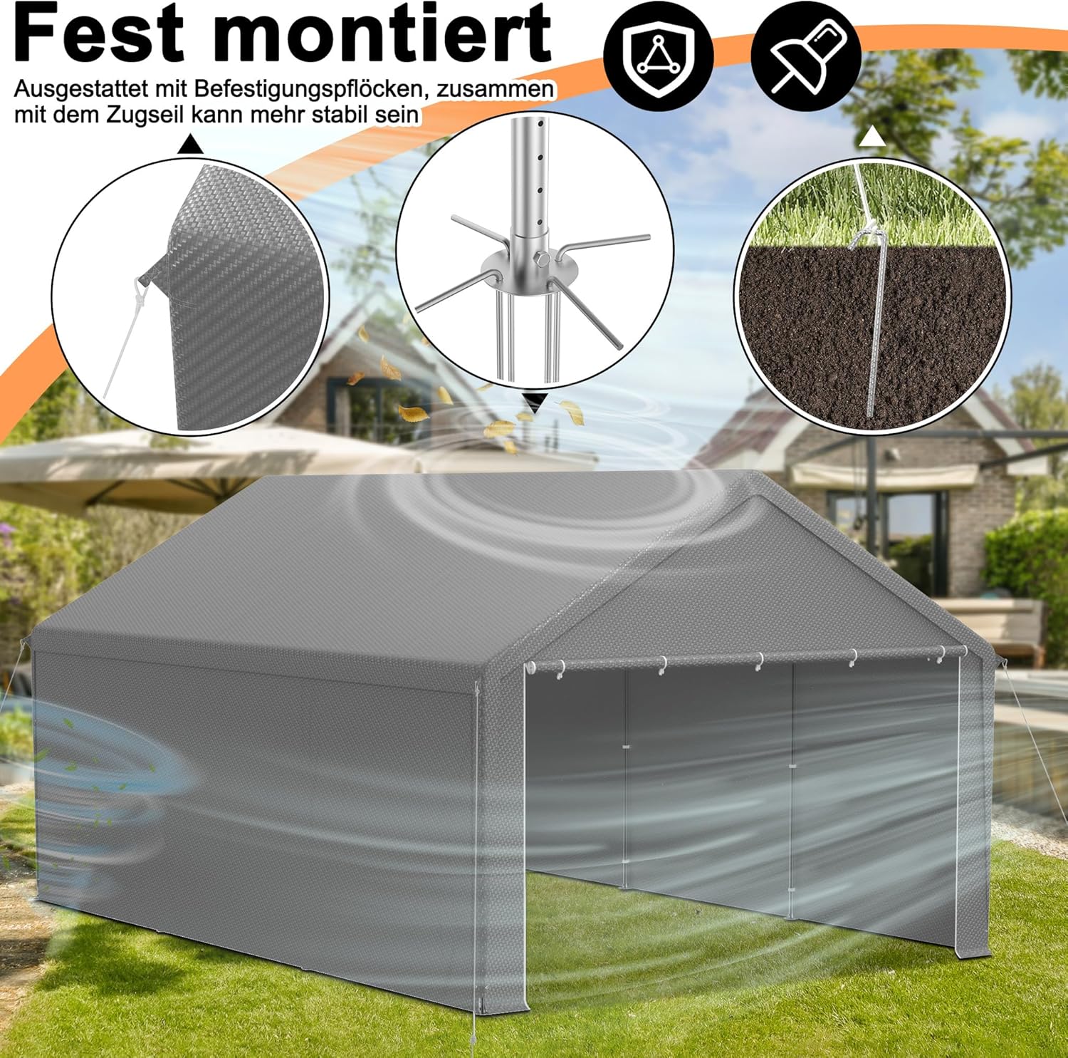 Aufun Carport Zeltgarage 4x6m, Wasserdichtes Lagerzelt mit PE-Dach, Reißenresistenter Garagenzelt mit abnehmbaren Seitenwänden, UV-beständig Winterfest Unterstand für Auto, SUV, LKW, Boot, Grau