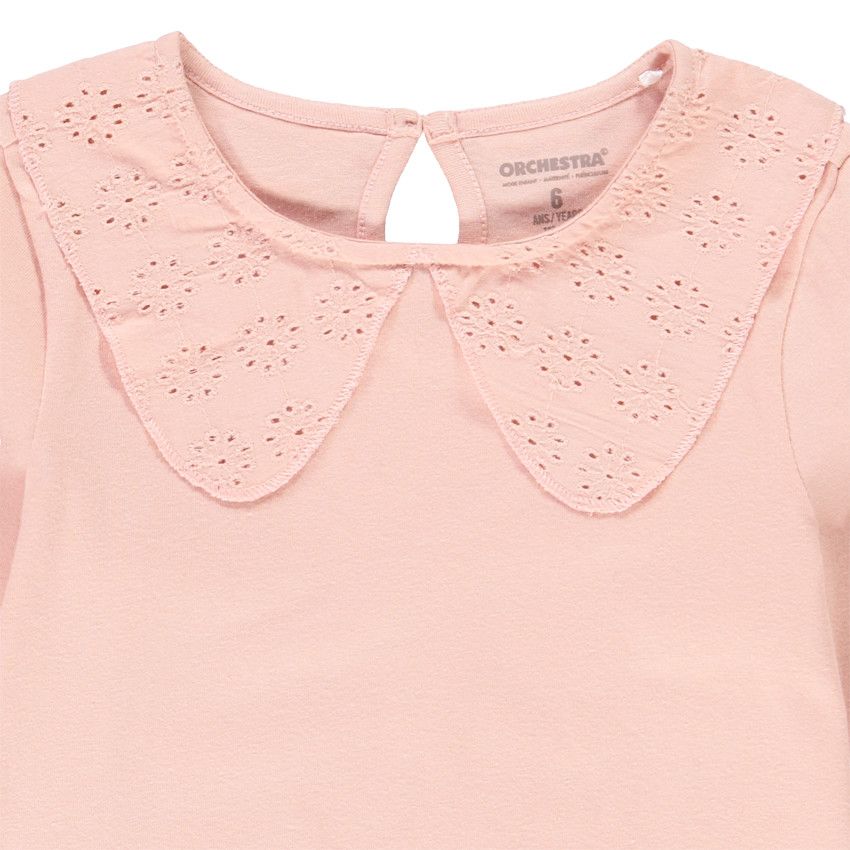 T-shirt manches longues avec col claudine en broderie anglaise pour fille - Rose