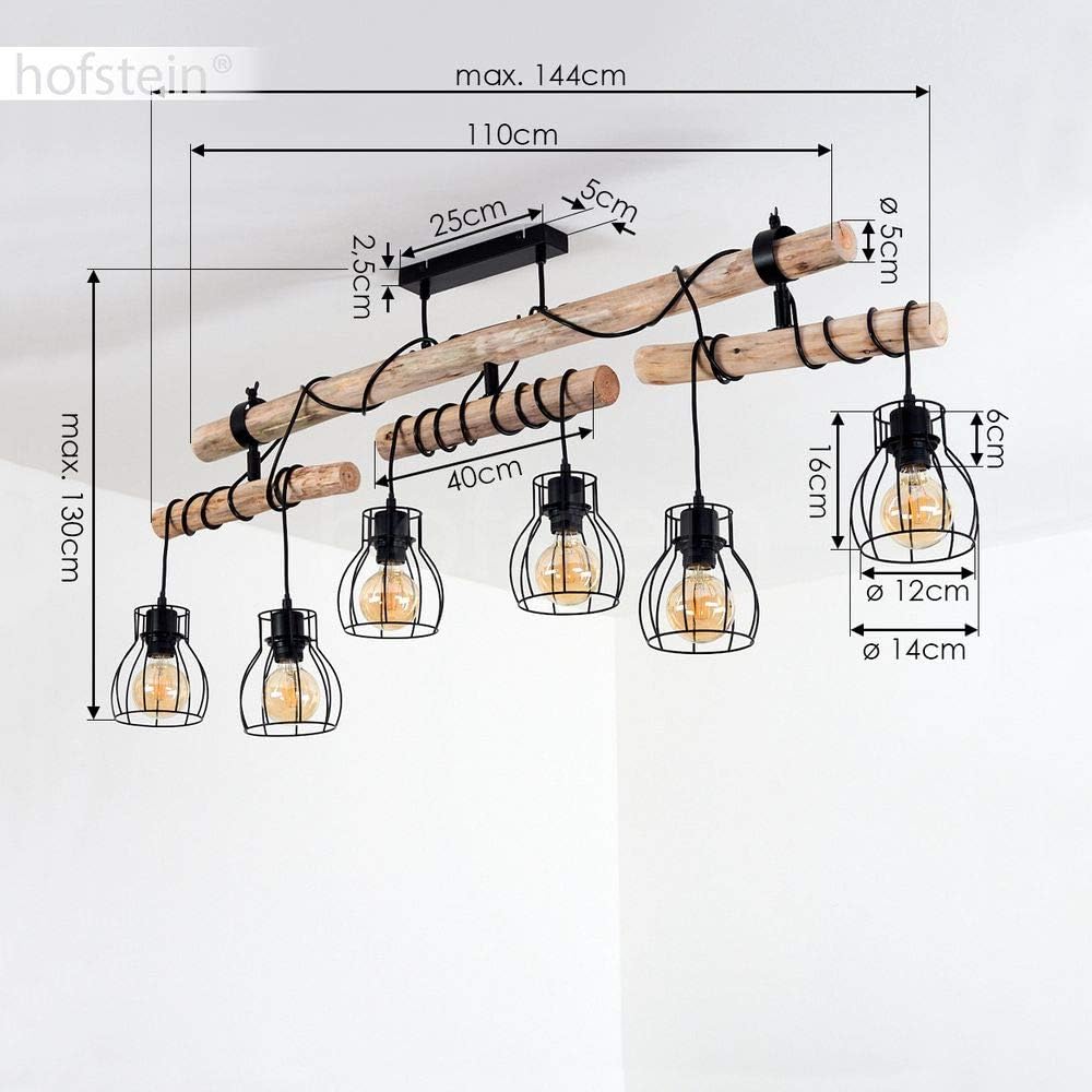 Deckenleuchte Gondo, 6-flammige Zimmerlampe aus Metall in schwarz und naturfarbenen Holz, Leuchtenköpfe sind individuell einstellbar, Deckenlampe im Retro/Boho Style, 6 x E27, ohne Leuchtmittel
