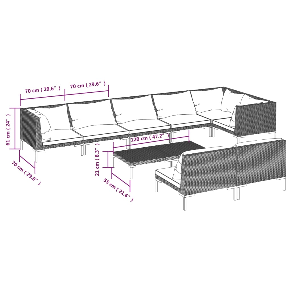 Salon de jardin meuble d'extérieur ensemble de mobilier 9 pièces avec coussins résine tressée gris foncé