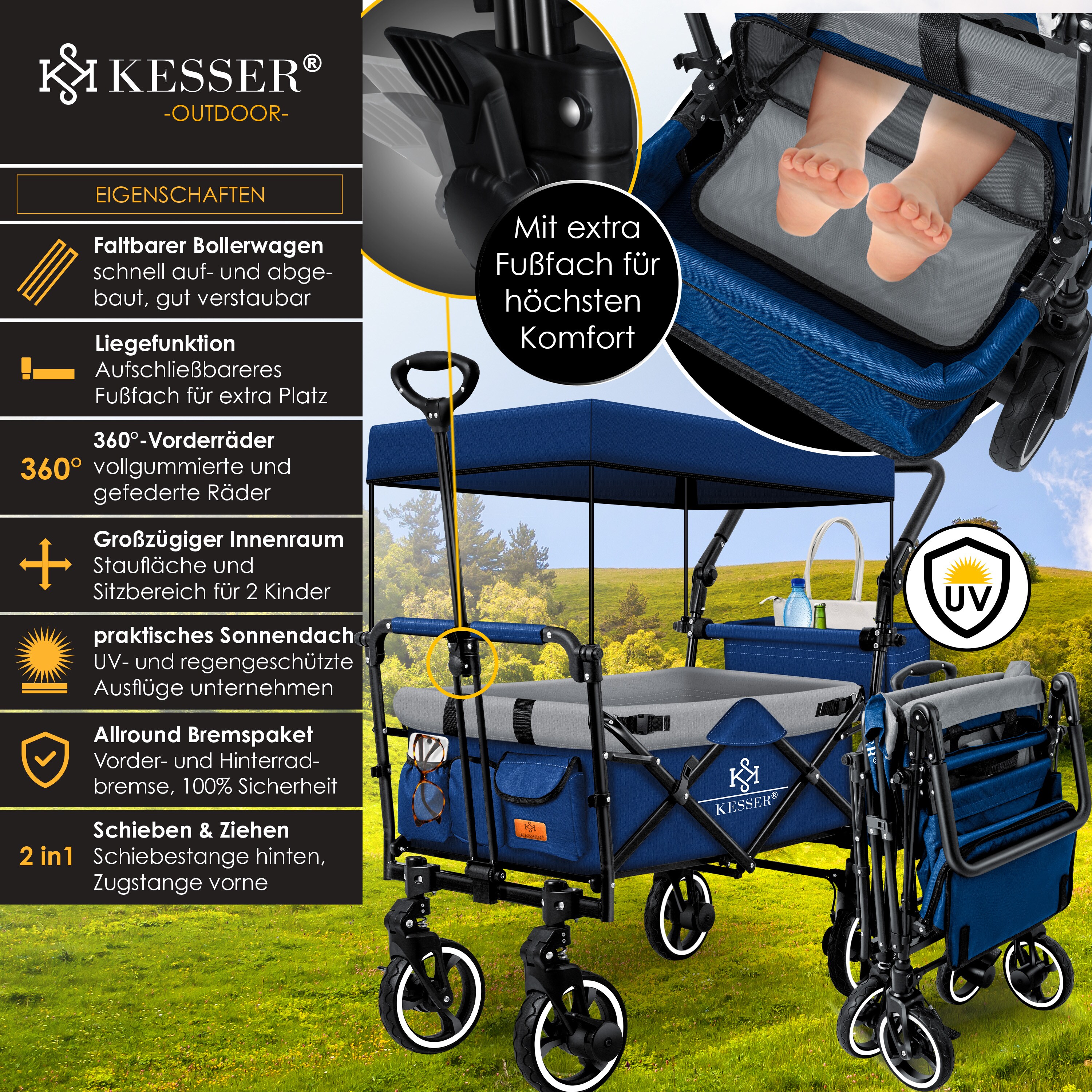 KESSER® Bollerwagen Faltbar GTS-9100 mit Dach Handwagen Transportwagen klappbar inkl. 2x 3-Punkt Gurtsystem 360° Vollgummi-Reifen & Innenraumverlängerung Vorder- und Hinter-Bremse + Tragetasche