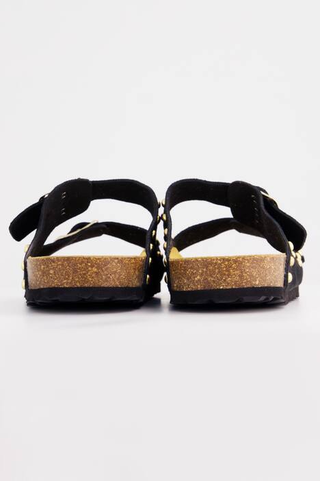 Leder-Pantolette, Ziernieten, Kork-Tieffußbett, schwarz