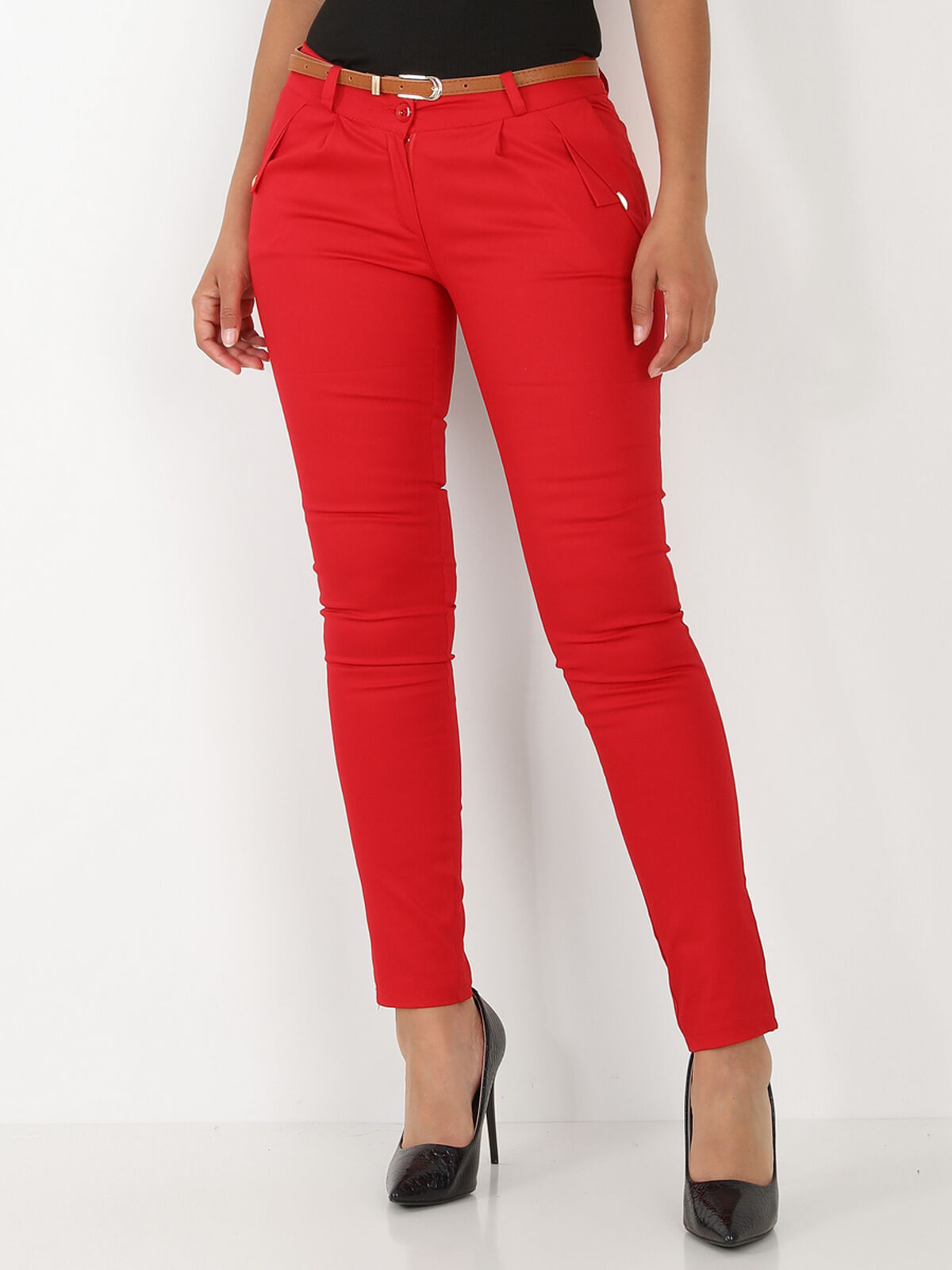 Pantalon à pinces avec ceinture- Rouge