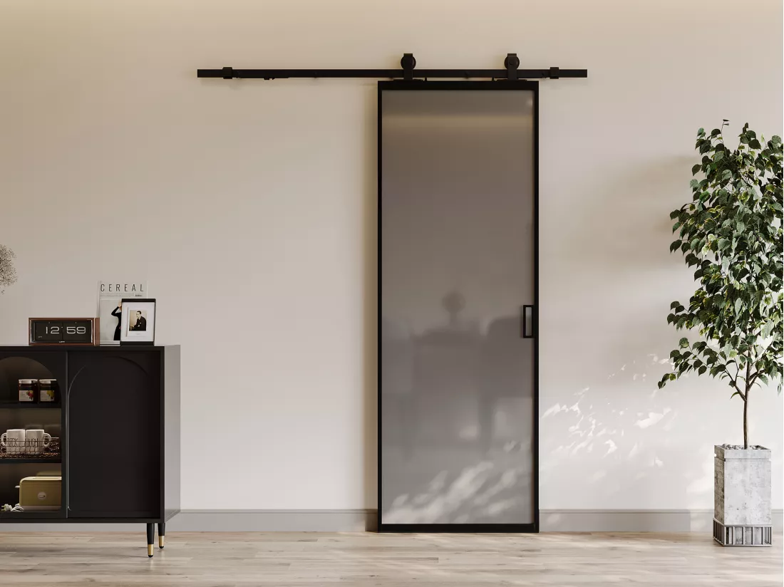 Porte coulissante avec système en applique - aluminium et verre trempé dépoli - H205 x L73 cm - LINCI II