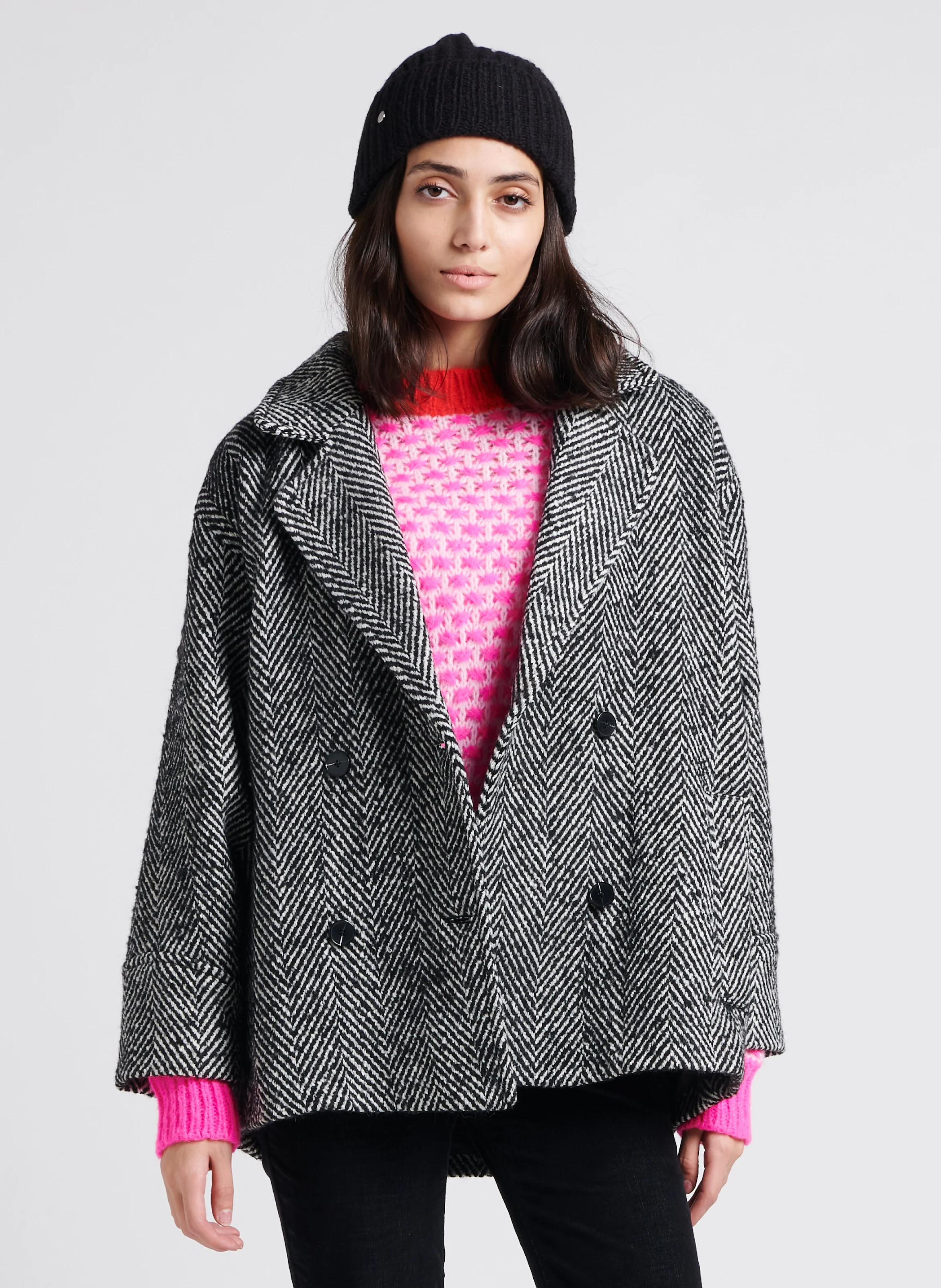 NILLA - Manteau col tailleur jacquard| Noir