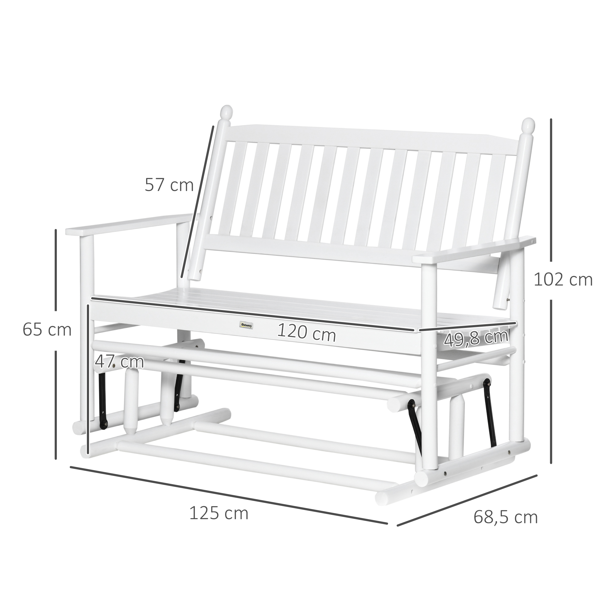 Banco de balanço de jardim Outsunny para 2 pessoas, banco de balanço de madeira com apoios de braço e encosto ripado para pátio externo, capacidade de carga de 250 kg, 125 x 68,5 x 102 cm, branco