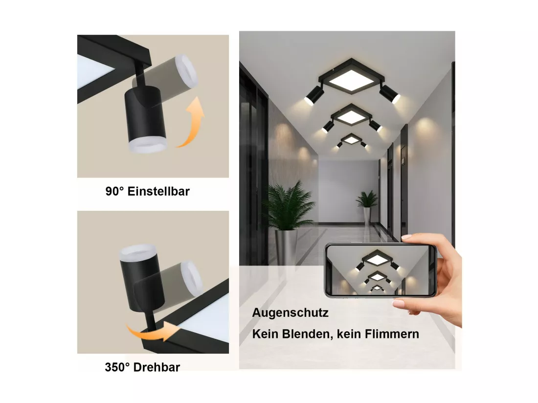 NETTLIFE Spot de plafond carré GU10 3000k blanc chaud 20W lampe de chambre orientable 350° blanc chaud