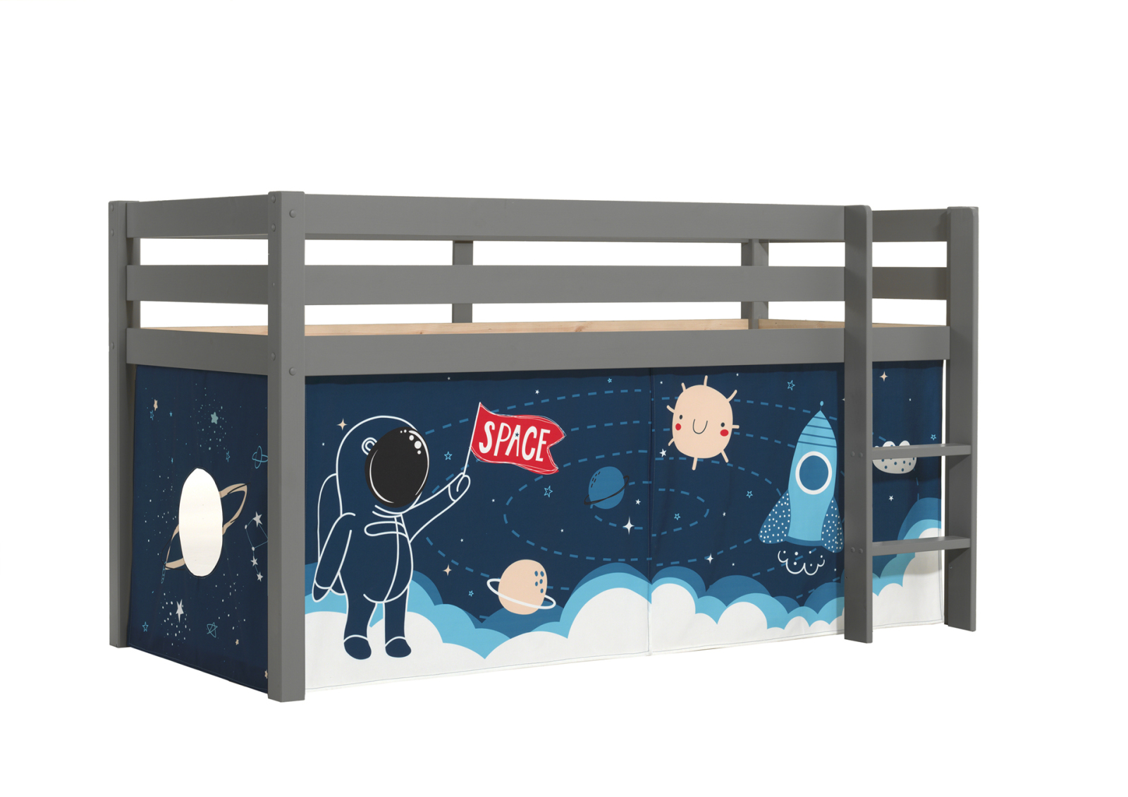 Halbhochbett PINO - SPACE SHUTTLE - Kiefer grau Massivholz - 90x200 cm