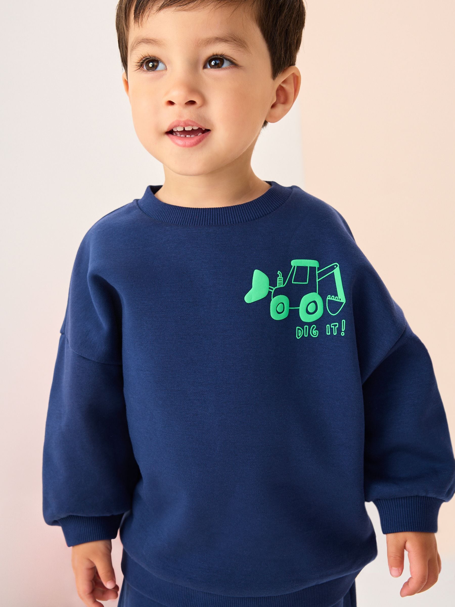 Marineblauw/Groen transport bedrukt - Bedrukte set van sweater met ronde hals en joggingbroek (3mnd-7jr)