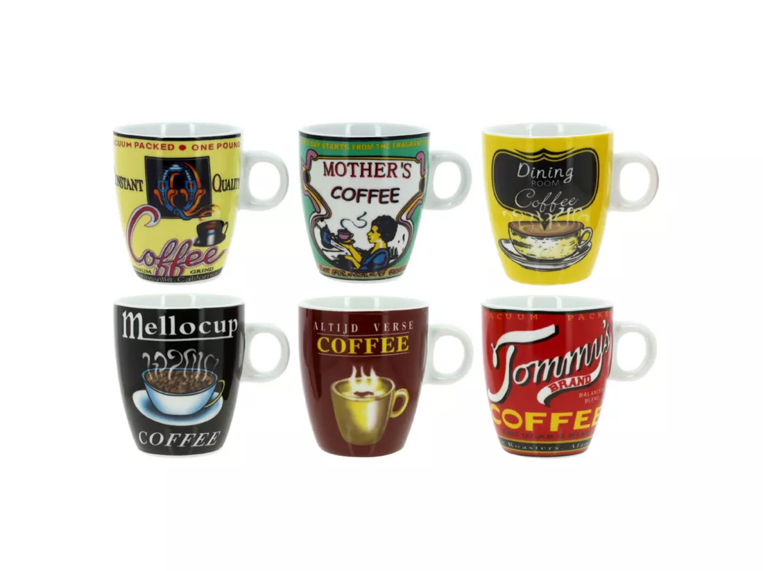 Novastyl - Lot 6 Tasses A Cafe Old School 20cl Porcelaine Decors Assortis