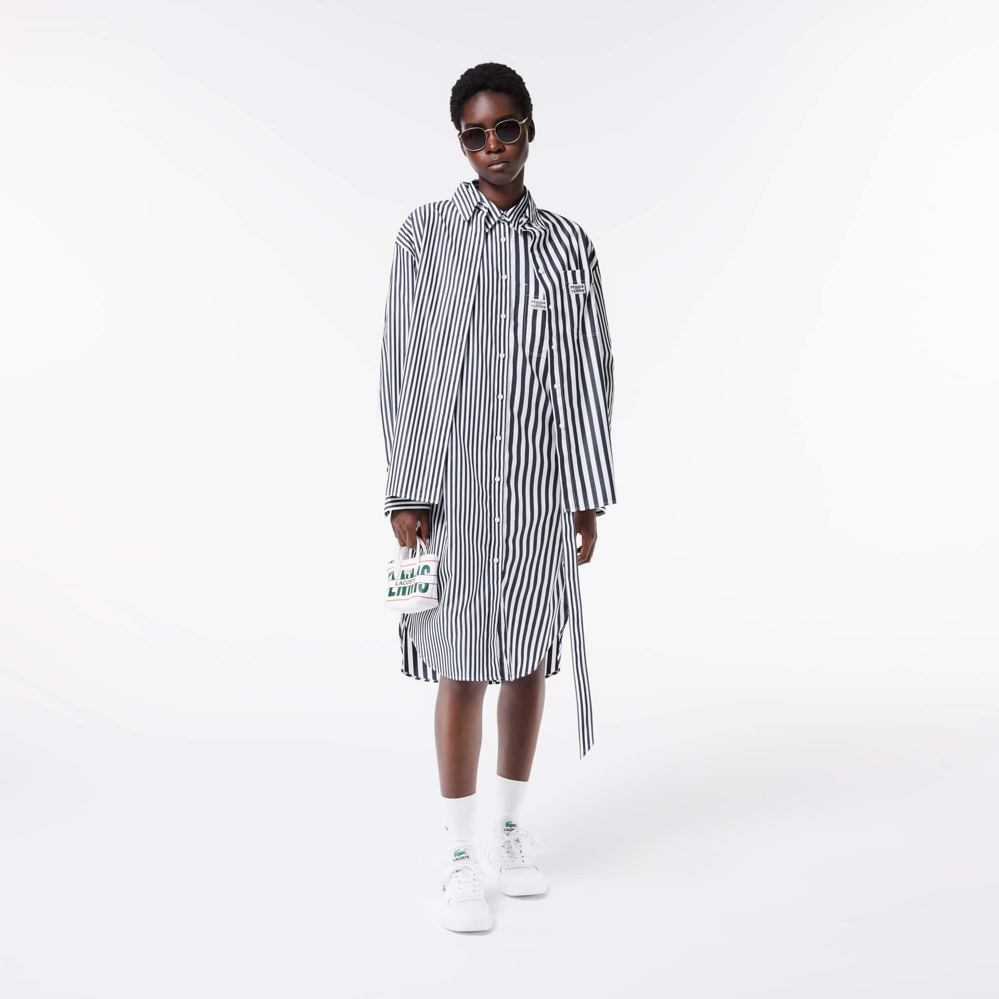 Robe chemise oversize en popeline de coton rayée Robes & Jupes - Bleu - Lacoste - Femme