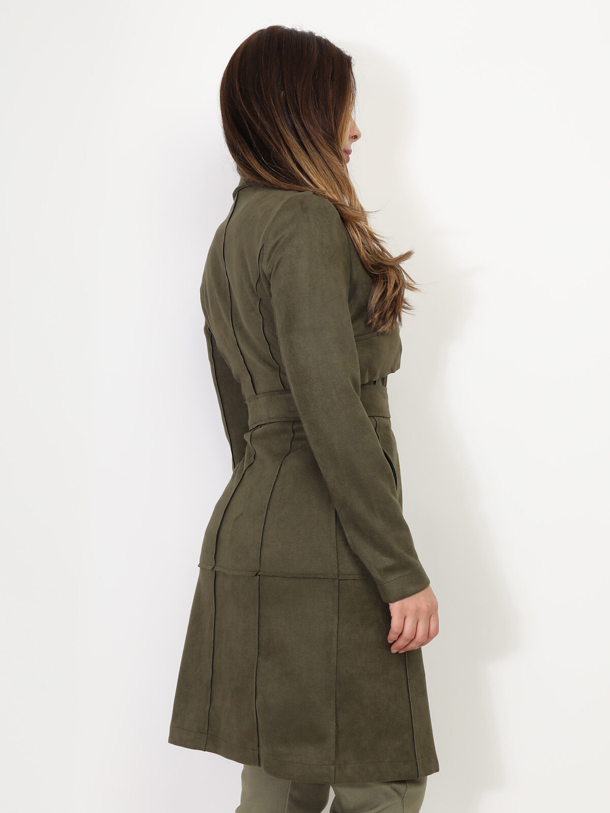 Veste longue ceinturée en suédine- Kaki