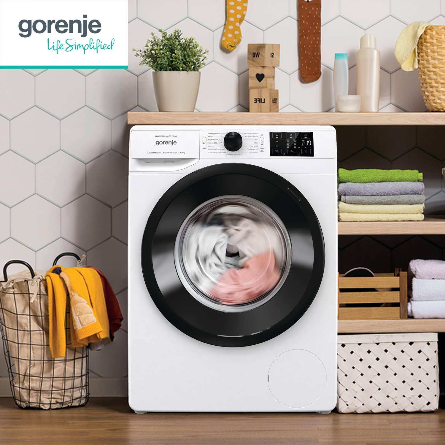 Gorenje WNEI 86 APS Waschmaschine mit Dampffunktion / 8 kg / 1600 U/min /16 Programme/Inverter Motor/Edelstahltrommel/AquaStop/Kindersicherung/SterilTub/Weiß
