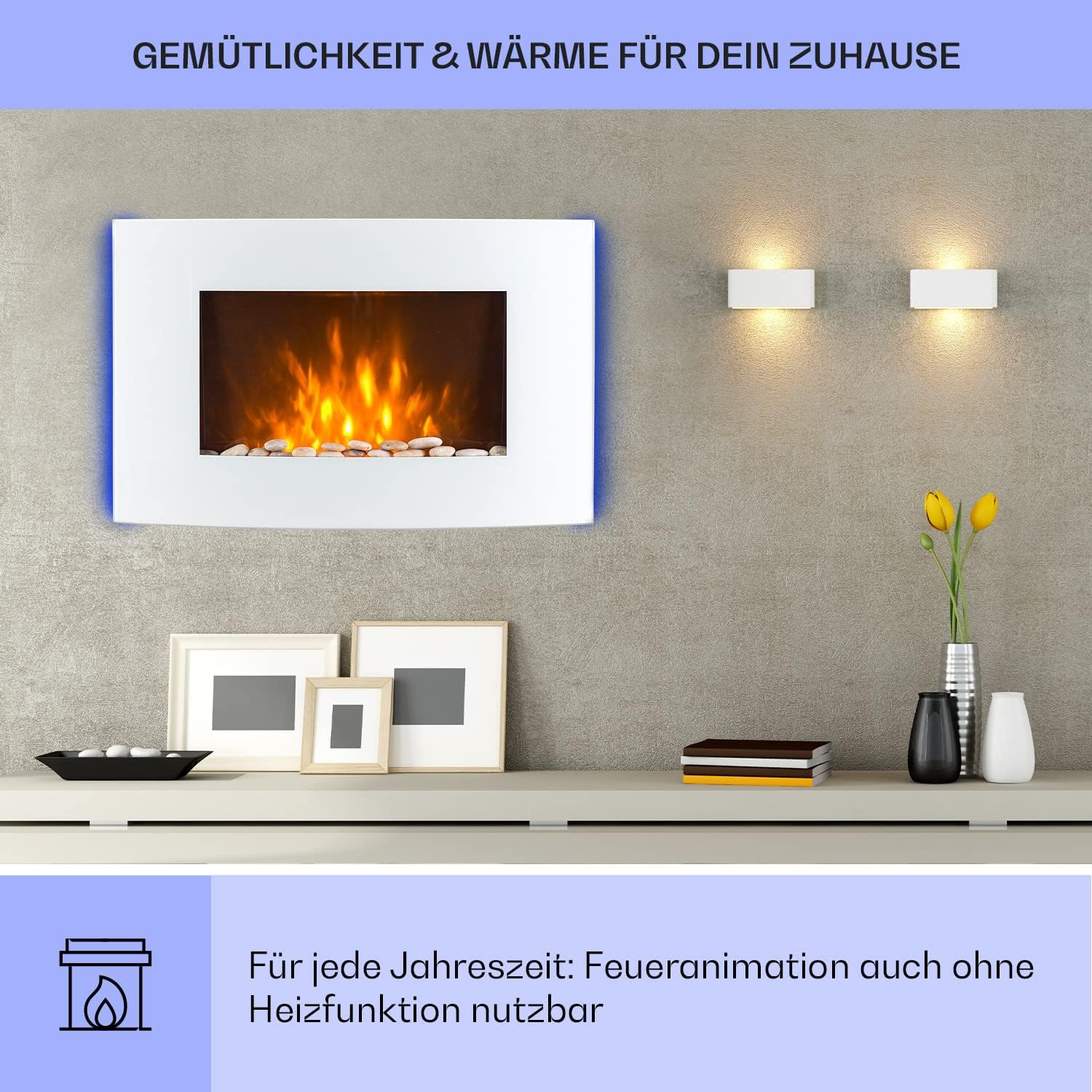 KLARSTEIN Elektrischer Kamin für den Innenbereich, elektrische Heizung mit 2000 W, künstlicher Wandkamin mit Flammeneffekt aus LED, Fernbedienung inklusive, programmierbar, Timer, Thermostat