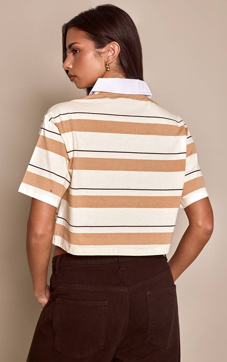 Beige T-shirt Rayé Saint Malo À Manches Courtes Avec Col Détaillé Et Coupe Courte